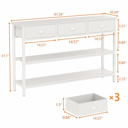 White Long 47" Console Sofa Table with 3 Drawers, Entryway Table with 3-Tier Storage Shelves, Display Shelf for Entry Way, Hallway, Couch, Living Room, Kitchen, Foyer