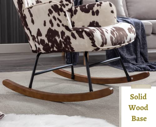 Nursery Rocking Chair Fabric Upholstered Rocker Chair Tufted Wingback Accent Chair with Wooden Base Modern Comfy Lounge Armchair for Bedroom Living Room, Cow