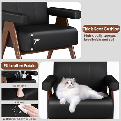 Mid Century Modern Accent Chair Set of 2, Black Leather Office Reading Accent Chairs, Small Comfy Side Arm Chairs for Living Room Bedroom, Wood Arms (2, Black)