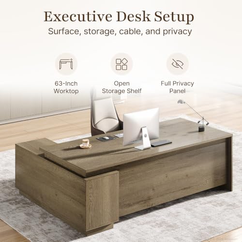 63" L-Shaped Executive Desk with Reversible Storage Cabinet, view 6