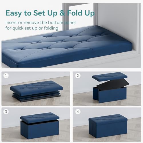 Folding Storage Ottoman Bench, Ottoman with Storage, Foot Rest, Benches Seat for Bedroom, Living Room, Entryway, Long Shoes Bench, 15.7" x 31.5" x 15.7" Blue