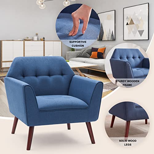 Accent Chairs for Bedroom, Midcentury Modern Living Room Accent Arm Chair, Linen Fabric Comfy Reading Chair, Tufted Sofa Chair, Blue