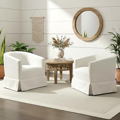 Swivel Accent Chair for Living Room, 360° Upholstered Barrel Swivel Chairs with Skirted Base, Modern Linen Armchairs for Bedroom, Reading Nook, Small Space, White