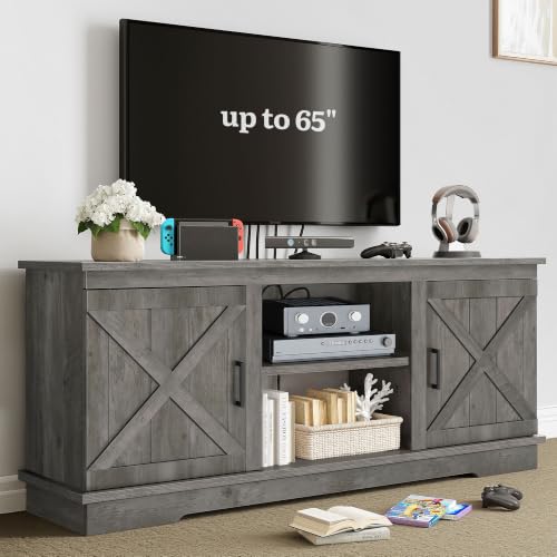 Farmhouse TV Stand for 65 Inch TV, Double Barn Doors, Rustic Grey, view 2