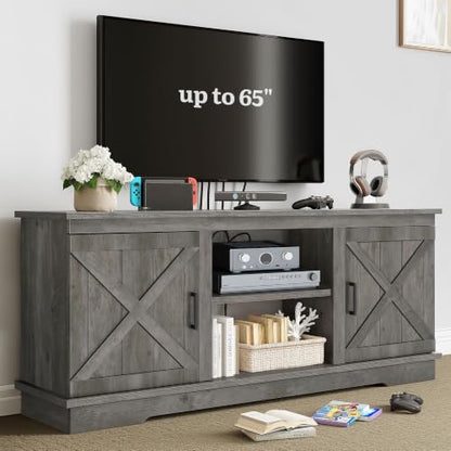 Farmhouse TV Stand for 65 Inch TV, Double Barn Doors, Rustic Grey, view 2
