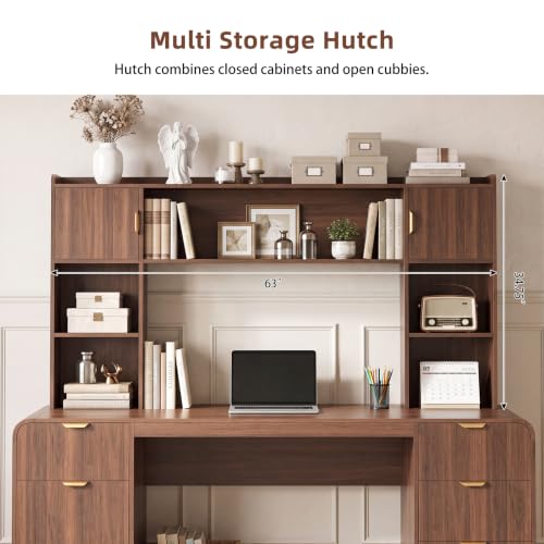 63" Office Desk with Hutch Storage, Computer Desk with 4 Drawers, Walnut, view 7