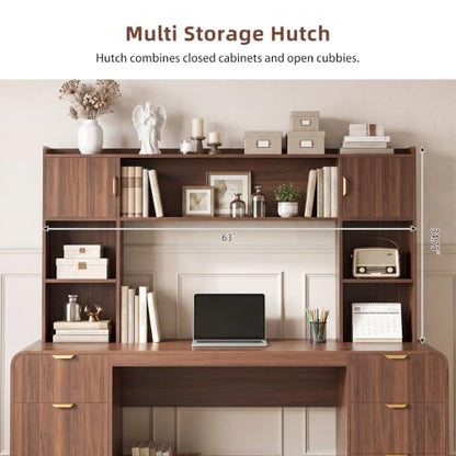 63" Office Desk with Hutch Storage, Computer Desk with 4 Drawers, Walnut, view 7
