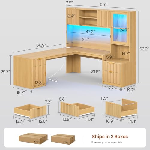 67" x 65" L Shaped Desk with Hutch, RGB LED Corner Computer Desk with Power Outlets, Fluted Home Office Desk with File Drawer, Storage Cabinet & Glass Display Cabinet for Gaming & Working, Oak