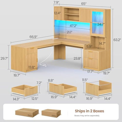 67" x 65" L Shaped Desk with Hutch, RGB LED Corner Computer Desk with Power Outlets, Fluted Home Office Desk with File Drawer, Storage Cabinet & Glass Display Cabinet for Gaming & Working, Oak