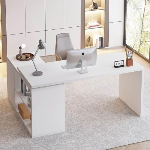 White L Shaped Desk with Shelf, Reversible Modern Home Office Desk Workstation, L Shape Computer Desk with Storage Cabinet Drawer, Industrial Wood Corner Table for Work Study Writing Gaming, 55 In