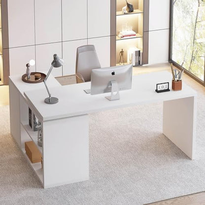 White L Shaped Desk with Shelf, Reversible Modern Home Office Desk Workstation, L Shape Computer Desk with Storage Cabinet Drawer, Industrial Wood Corner Table for Work Study Writing Gaming, 55 In