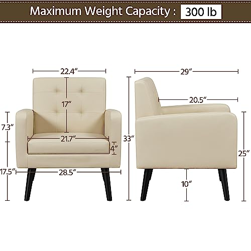 Yaheetech Mid-Century Accent Chairs, PU Leather Modern Upholstered Living Room Chair, Cozy Armchair Button Tufted Back and Wood Legs for Bedroom/Office/Cafe Beige 2PCS