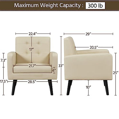 Yaheetech Mid-Century Accent Chairs, PU Leather Modern Upholstered Living Room Chair, Cozy Armchair Button Tufted Back and Wood Legs for Bedroom/Office/Cafe Beige 2PCS