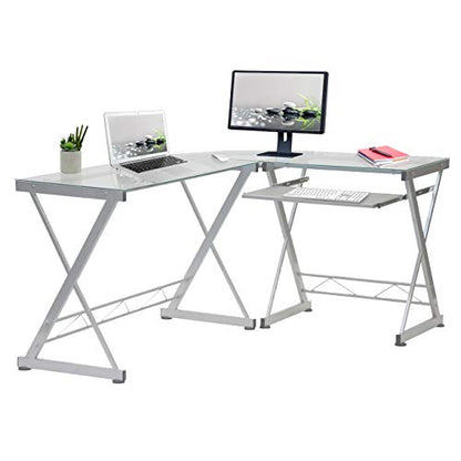L Shaped Desk with Keyboard Tray - Efficient Work from Home Desk - Glass L Shaped Desk - Professional Work Desk for Home Office - Versatile Glass Corner Desks for Home Office