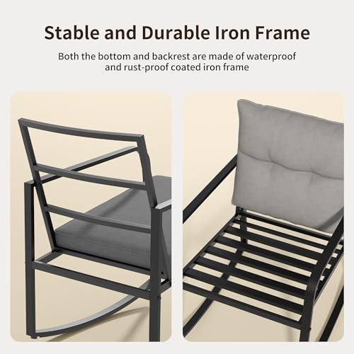 3 Piece Rocking Bistro Set, Black Steel Patio Furniture, Porch Chairs Conversation Set with Glass Coffee Table, Back Cushion, for Balcony, Garden, Deck, Backyard, Grey