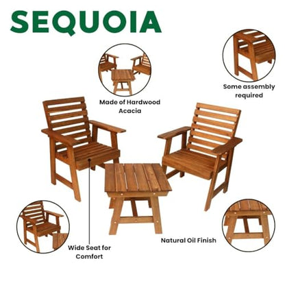 Sequoia Rustic Patio Furniture Set, Acacia Wood 3-Piece Set with 2 Chairs & Table, Rustic Style for Porch, Deck, Backyard, Outdoor, Easy Assembly
