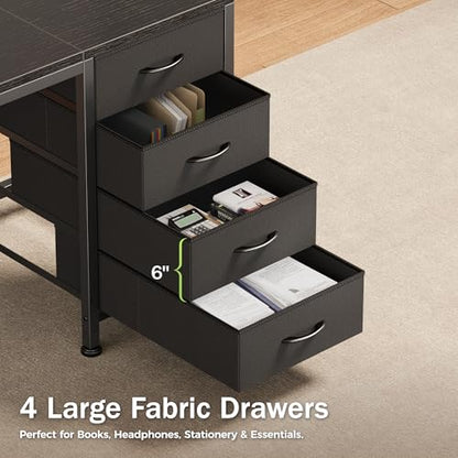 55.1 Inch Computer Office Desk with Power Outelts and USB-C Port, Reversible Gaming Desk with 4 Fabric Drawers, Work Study Desk Work from Home, Black