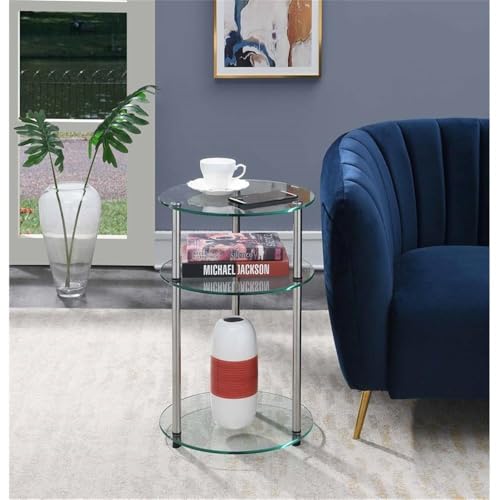 Designs2Go Classic Glass 3-Tier Round End Table 15.75" - Modern Contemporary Side Table with Storage Shelves for Living Room, Bathroom, Bedroom, Office, Den, Glass
