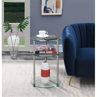 Designs2Go Classic Glass 3-Tier Round End Table 15.75" - Modern Contemporary Side Table with Storage Shelves for Living Room, Bathroom, Bedroom, Office, Den, Glass