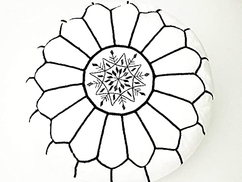 Premium Moroccan Leather Pouf Cover - Round & Large Ottoman Footstool Cover with Embroidery - Cover ONLY - Perfect for The Living Room Bedroom, Kids Room, Gift & Wedding (White By Black)