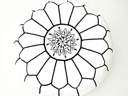 Premium Moroccan Leather Pouf Cover - Round & Large Ottoman Footstool Cover with Embroidery - Cover ONLY - Perfect for The Living Room Bedroom, Kids Room, Gift & Wedding (White By Black)