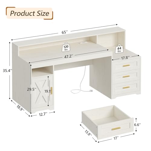65" White Computer Desk with Drawers and Printer Stand for Home Office, view 3
