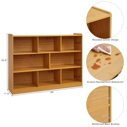 3-Tier Bookshelf, 8-Section Wooden Bookcase, Storage Organizer with Anti-Tilt Device, Modern Storage Display Cabinet for Living Room, Classroom, Kid’s Room (Natural), FJHL-011YE