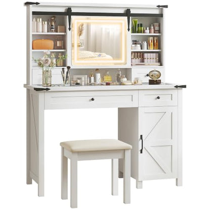 Farmhouse Vanity Desk with Mirror, LED Lights, Stool, White, view 2