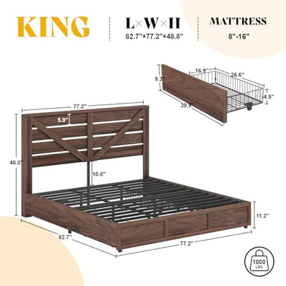 King Size Farmhouse Storage Bed Frame with Headboard & 4 Drawers, view 3