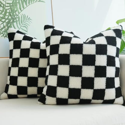 Decorative Throw Pillow Covers Luxury Style Checkerboard Pattern Cushion Case Super Soft Faux Fur Wool Pillowcases for Couch Bedroom Pack of 2 (Black, 18 x 18-Inch)
