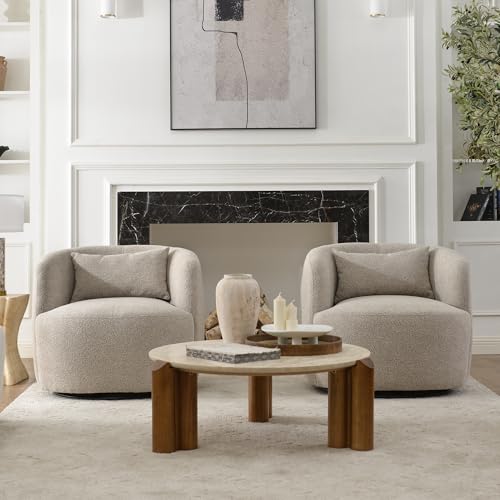 34" Wide Boucle Swivel Barrel Chairs Set of 2, No Assembly Round Upholstered Armchairs Accent Chairs Single Sofa Chair with Toss Pillow for Living Room and Bedroom, Taupe