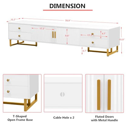 Modern TV Stand with Drawers for TVs up to 75'', Media Console Storage Cabinet Entertainment Center Furniture for Living Room Bedroom, Gold Metal Legs, 70.9-Inch, White