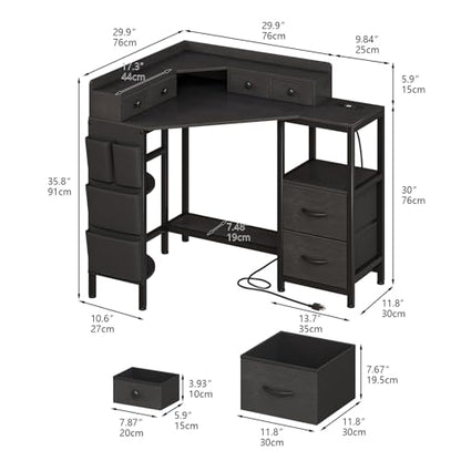 Corner Desk with 6 Drawers Shelves for Small Space Computer Desk with Power Outlets,Gaming Desk with Printer Monitor Stand Storage for Home Office Workstation Writing Table (Black, 31.5)