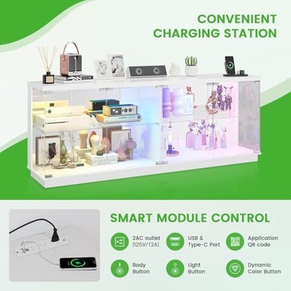 71" Glass TV Stands with Charging Station&Light for Living Room-White | Display Cabinet TV Console with Motion-Senser RGB LED Lights, 2 AC Outlets,USB-C Ports, Entertainment center with Doors