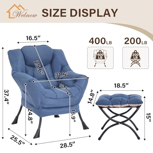Lazy Chair with Ottoman, Modern Accent Chair with Armrests and a Side Pocket, Leisure Sofa Armchair, Reading Armchair with Footrest for Small Space, Royal Blue
