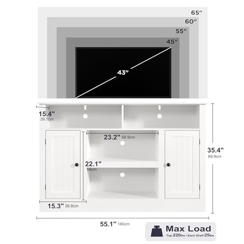Farmhouse TV Stand for 65 in TV, Modern Entertainment Center, White, view 3