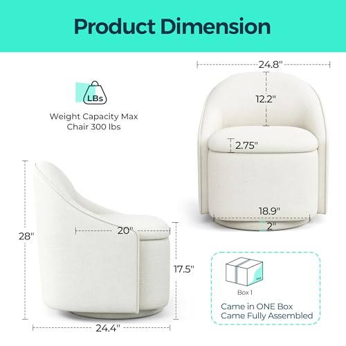 Swivel Accent Chair with Storage Comfy Chenille Barrel Chairs, Small 360 Swivel Modern Armchair for Living Room Bedroom, Boucle Reading Chair for Study Room (Beige)