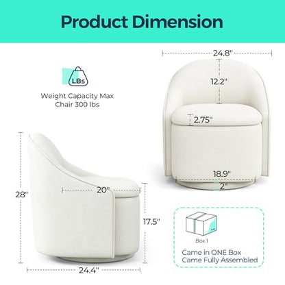 Swivel Accent Chair with Storage Comfy Chenille Barrel Chairs, Small 360 Swivel Modern Armchair for Living Room Bedroom, Boucle Reading Chair for Study Room (Beige)
