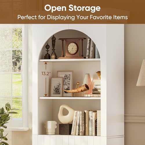 White arched kitchen pantry cabinet with gold handles, dual glass doors and open shelves, view 5