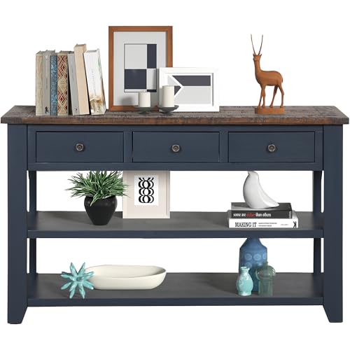Solid Wood Console Table for Entryway;Sofa Table with Storage | 48.8 Inch Blue Real Wood Farmhouse Console Table with Drawers;Entry Way Table for Living Room,Foyer,Hallway;Easy Assembled