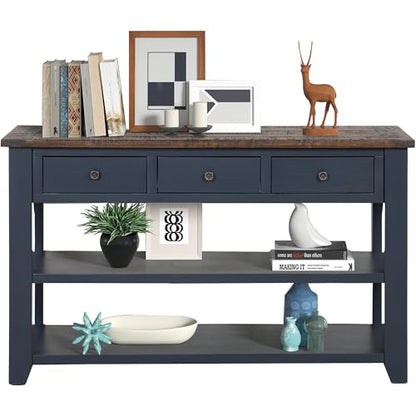 Solid Wood Console Table for Entryway;Sofa Table with Storage | 48.8 Inch Blue Real Wood Farmhouse Console Table with Drawers;Entry Way Table for Living Room,Foyer,Hallway;Easy Assembled