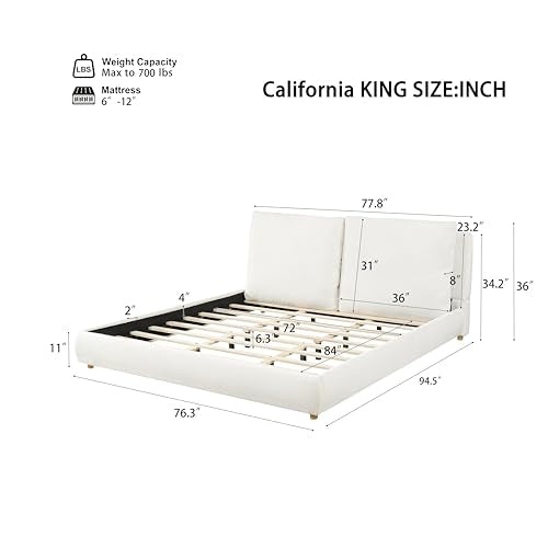 California King Boucle Platform Bed with 2 Headboard Pillows, White, view 3