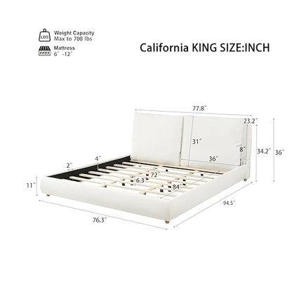 California King Boucle Platform Bed with 2 Headboard Pillows, White, view 3