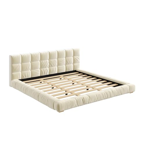 JIVOIT King Size Upholstered Platform Bed, Velvet Headboard Bed Base, Wood Slat (Beige-King-33)