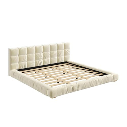 JIVOIT King Size Upholstered Platform Bed, Velvet Headboard Bed Base, Wood Slat (Beige-King-33)