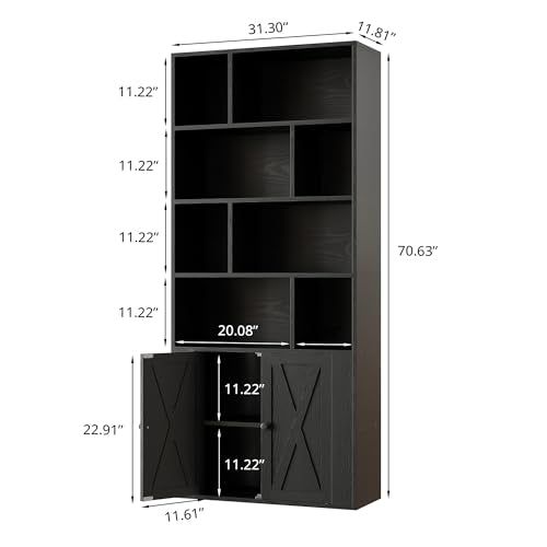 Book Shelf, Tall Bookshelf with Storage, Bookshelves and Bookcases with Doors, 4-Tier Bookcase with 8 Open Cubes for Living Room, Office, Study, Black
