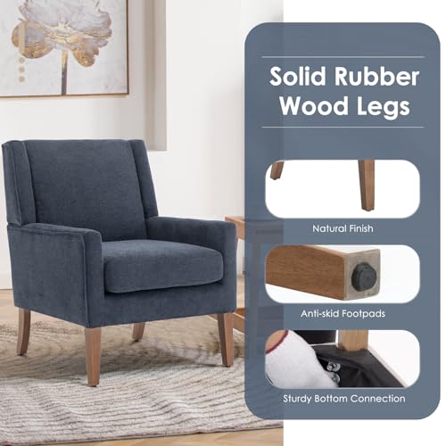 Modern Wingback Living Room Chair, Upholstered Fabric Accent Armchair, Single Sofa Chair with Lounge Seat and Wood Legs for Bedroom/Office/Reading Spaces, Blue