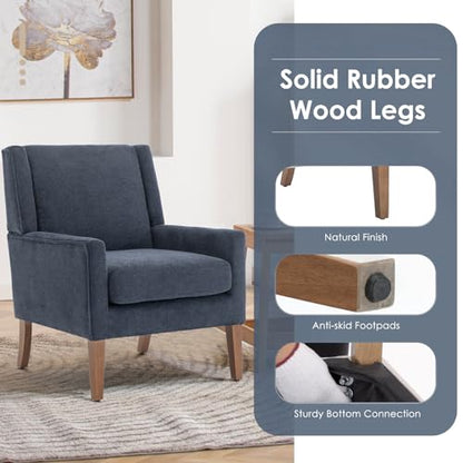Modern Wingback Living Room Chair, Upholstered Fabric Accent Armchair, Single Sofa Chair with Lounge Seat and Wood Legs for Bedroom/Office/Reading Spaces, Blue