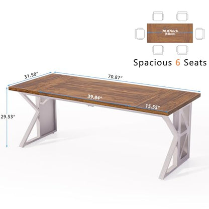 70.8" Executive Office Desk, Large Heavy-Duty Computer Desk for Home Office, Modern Writing Workstation with Rustic Brown Tabletop and White Metal Frame