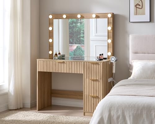36.2" Fluted Vanity Desk with Large Mirror and Lights, Natural Oak, view 2